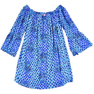 Lilly Pulitzer Nevie Off The Shoulder Dress Medium Blue Tropical Pineapple